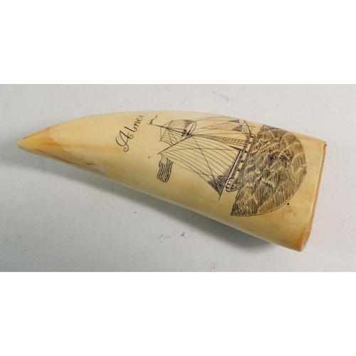 888 - A whales tooth scrimshaw decorated ship and whale, 12cm