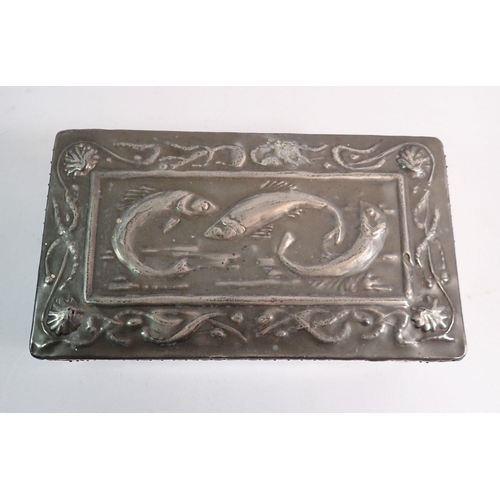 893 - An Art Nouveau pewter box embossed fish and shells, 23 x 13 x 8cm