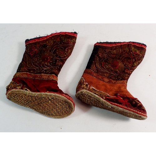 894 - An antique pair of small Chinese embroidered silk  boots, 19 x 12.5cm