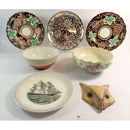 90 - Seven pieces of Grays pottery including lustre plates and fruit bowls plus owl wall mask