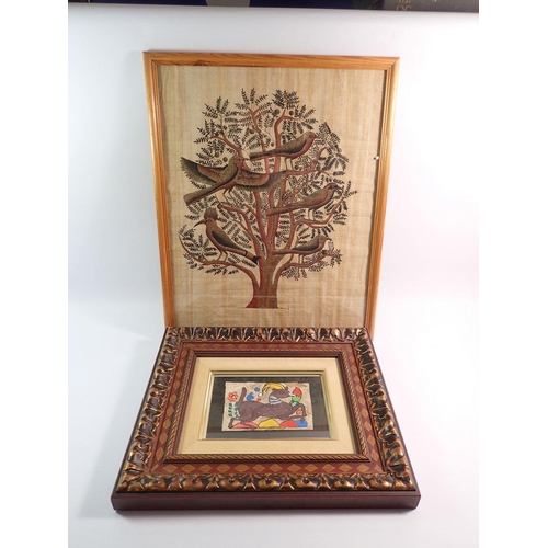 933 - A South American bark painting of a deer, 10 x15cm in decorative frame and a Egyptian Papyrus painti... 