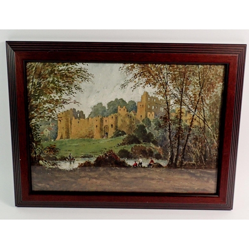 938 - John W Gough - watercolour of Chepstow Castle with children by the river, 22 x 32cm