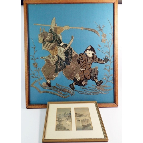 944 - A Japanese two section print with figure and boats plus a large Japanese embroidery of Samuri fighte... 