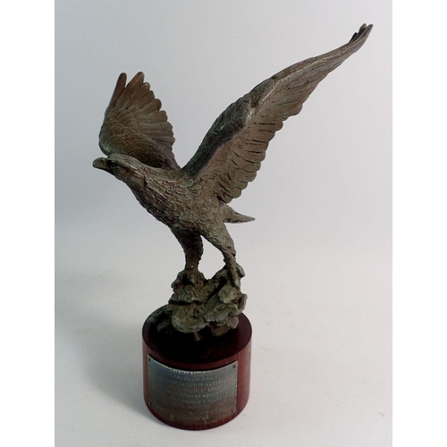 956 - A spelter figure of an eagle with Rank Xerox presentation, 30cm tall