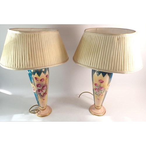 96 - A pair of Edwardian table lamps printed roses on a turquoise ground, 34cm