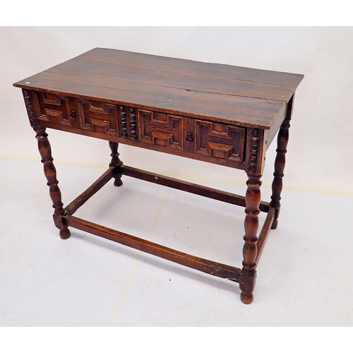 967 - A part 17th century oak side table with fielded and panelled frieze drawer all on turned supports, 9... 