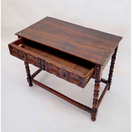 967 - A part 17th century oak side table with fielded and panelled frieze drawer all on turned supports, 9... 