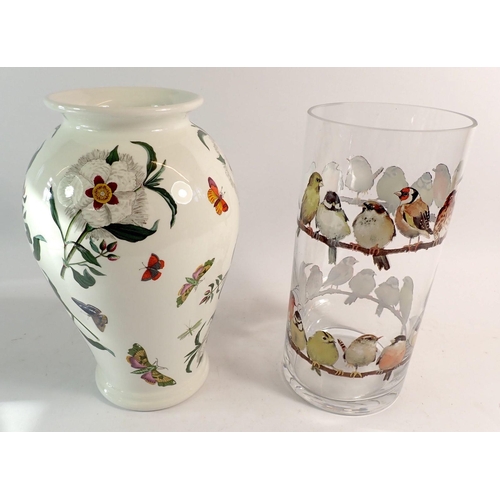 99 - A Portmeirion vase, 26cm tall and a glass vase decorated birds