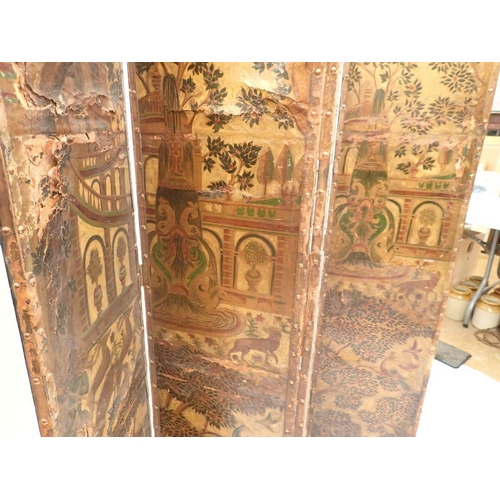 1001 - A 19th century continental leather four fold screen painted villa and gardens with animal and birds,... 