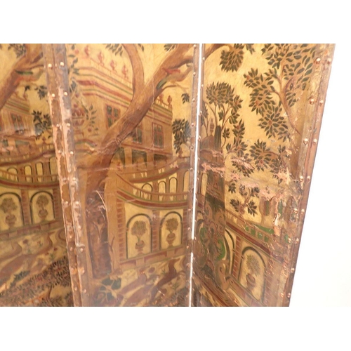 1001 - A 19th century continental leather four fold screen painted villa and gardens with animal and birds,... 