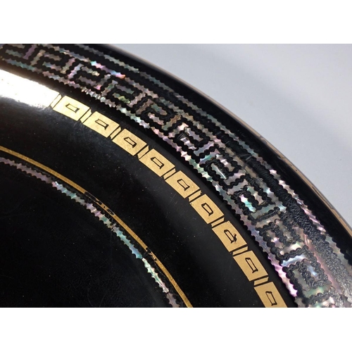 1011 - A Victorian oval papier Mache tray with mother of pearl Greek key border design, 63 x 49cm