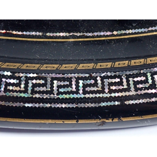 1011 - A Victorian oval papier Mache tray with mother of pearl Greek key border design, 63 x 49cm