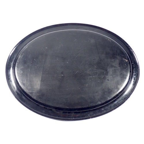 1011 - A Victorian oval papier Mache tray with mother of pearl Greek key border design, 63 x 49cm