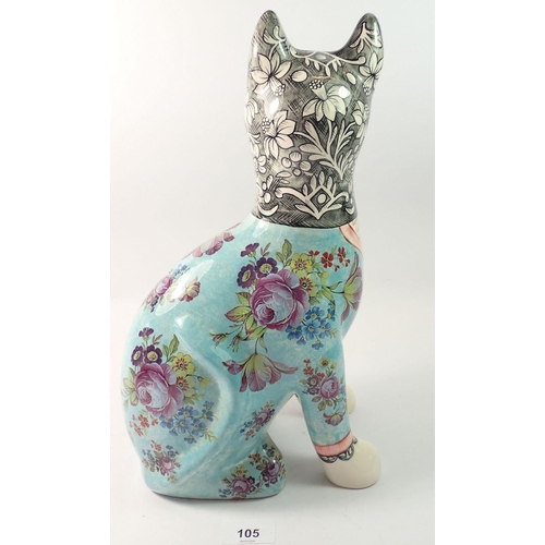 105 - A Griselda Hill Wemyss cat with floral chintz decoration, 33.5cm