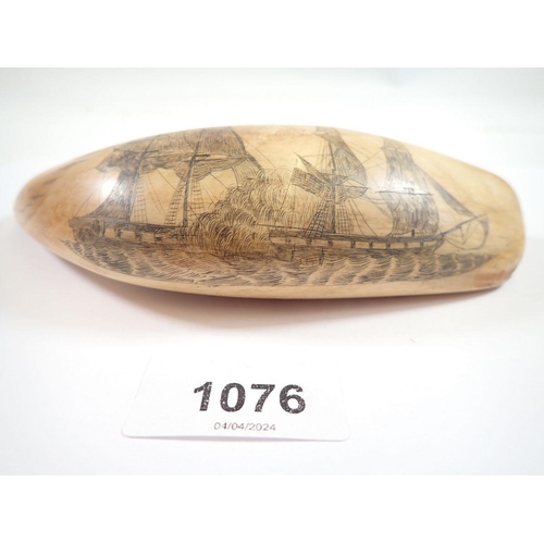 1076 - A large whales tooth scrimshaw, 17cm long