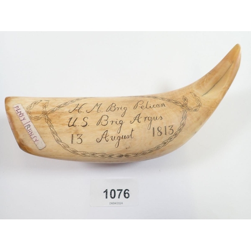 1076 - A large whales tooth scrimshaw, 17cm long