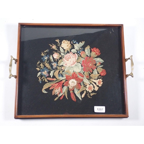 1287 - An Edwardian mahogany tray inset floral tapestry