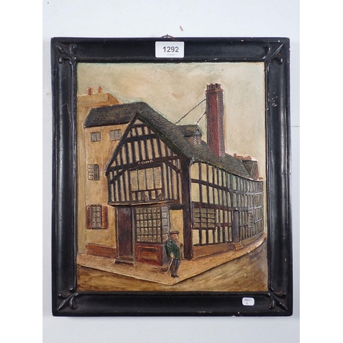 1292 - A plaster plaque of Tudor House by Albert E Bradley, 37 x 32cm