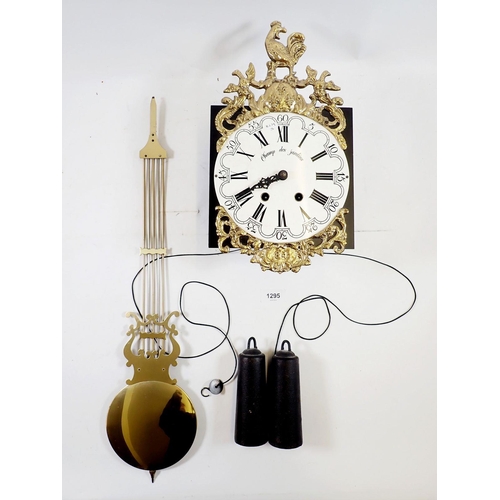 1295 - A French wall clock with enamel dial and gilt metal surmount and apron and gilt lyre pendulum, 35cm ... 