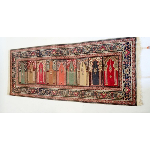 1300 - A Persian family prayer rug with five arched panels, 217 x 92cm