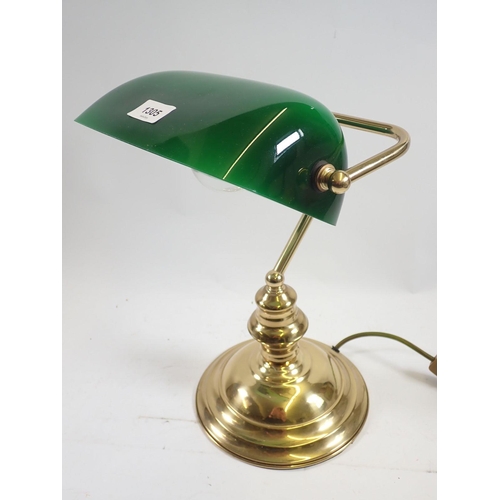 1305 - A brass desk lamp with green glass shade, 37cm tall