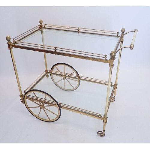 1306 - A vintage brass two tier drinks tea trolley with acorn finials, 90cm long x 79cm high