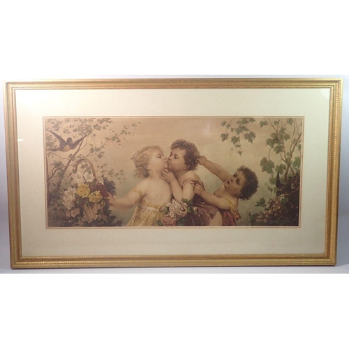 1309 - A Vienese colour print of children in a garden after F Lefler, 30 x 68cm