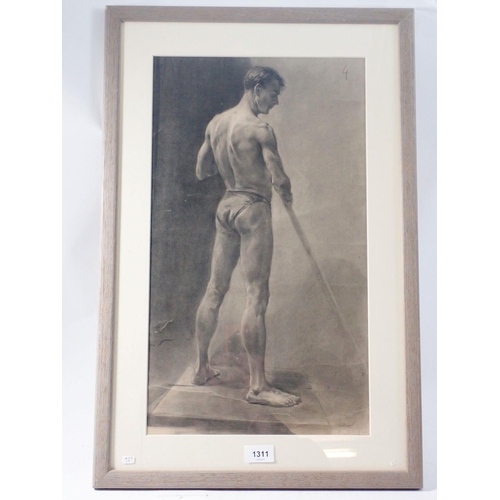 1311 - A charcoal study of a semi nude man signed indistinctly, dated 1950, 51 x 29cm