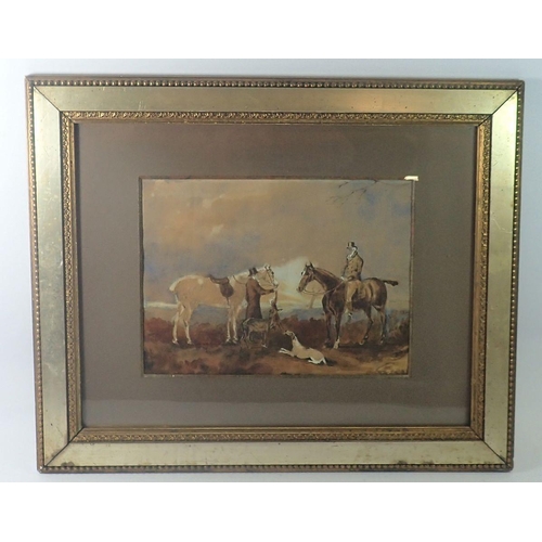 1313 - A 19th century watercolour coursing scene with gentlemen, horses and hounds, 21 x 29cm