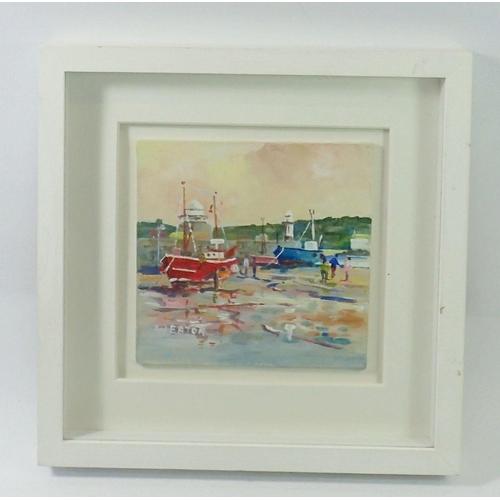 1339 - W Eaton - oil on board harbour scene,