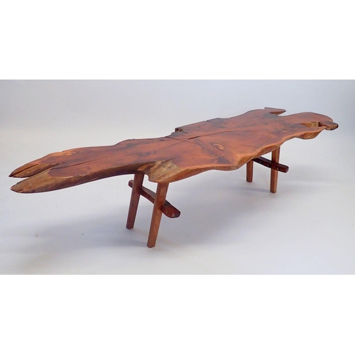 1342 - A rustic yew wood plank top live edge coffee table enscribed 