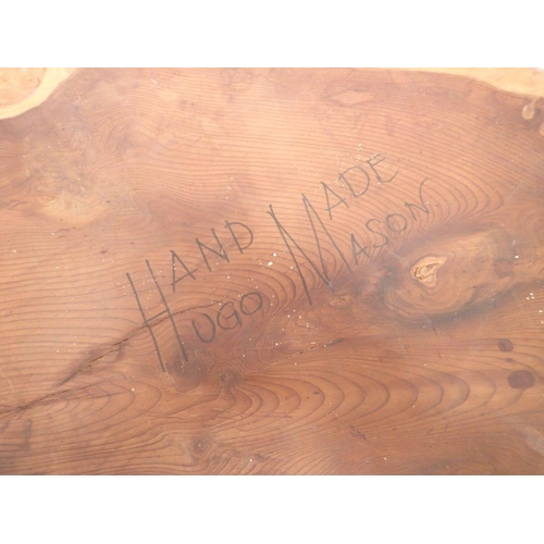 1342 - A rustic yew wood plank top live edge coffee table enscribed 