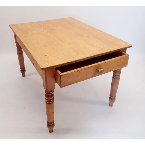 1344 - A Victorian pine kitchen dining table on turned supports with drawer, 112 x 85 x 73cm tall