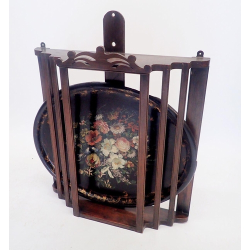 1345 - A large Victorian wall mounting tray rack, 69cm wide together with a Victorian oval papier mache flo... 