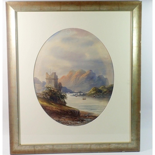 1346 - E Earp - 19th century watercolour lake scene with castle and mountains, signed , 39 x 31cm