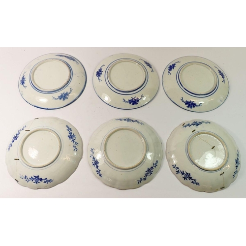 153 - Six Japanese blue and white Imari plates (two riveted) 21cm diameter