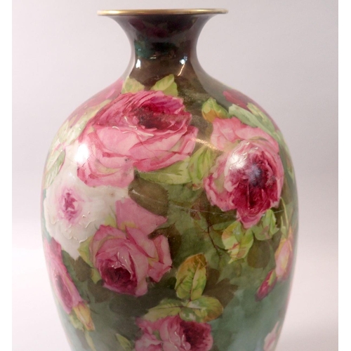 185 - A Limoges Art China Co Ltd large vase decorated roses - repaired, 36cm