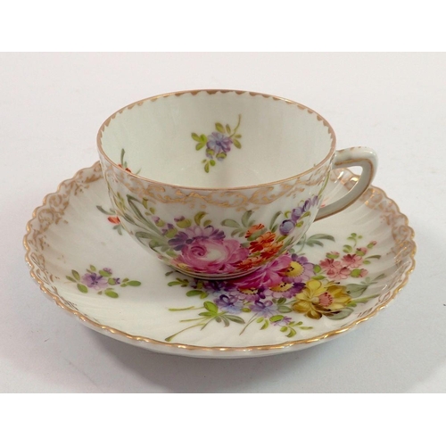 204 - A set of six Dresden floral painted tea cups and saucers