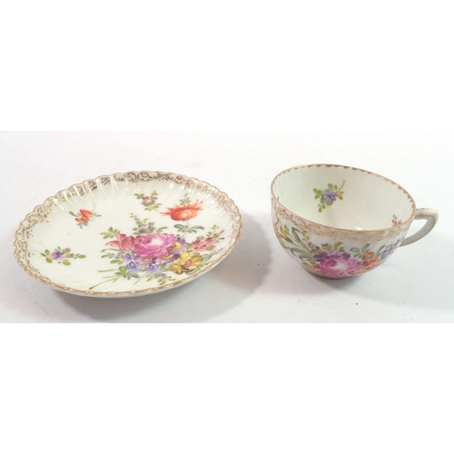 204 - A set of six Dresden floral painted tea cups and saucers