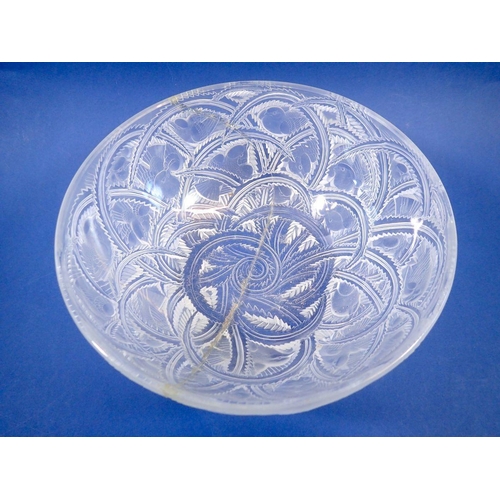 217 - A Lalique 'Pinson' glass bowl moulded birds, cracked and repaired, 23.5cm diameter