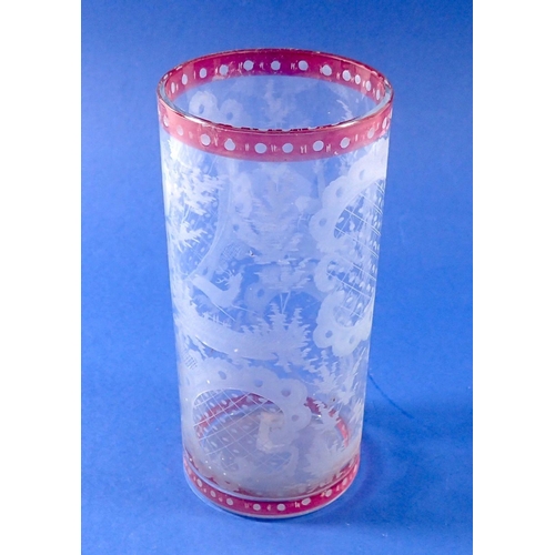 223 - A Bohemian glass tumbler etched stags and landscape decoration, 15cm