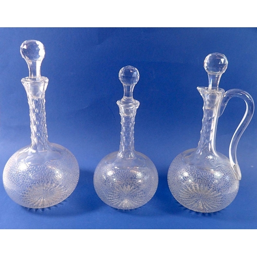 232 - Three Victorian facet cut glass decanters, four cocktail glasses and four sherry glasses, all etched... 