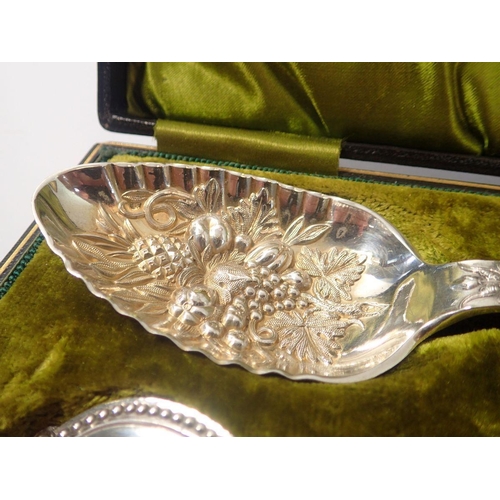 266 - A pair of Victorian silver plated serving spoons in Aesthetic style and another similar pair decorat... 