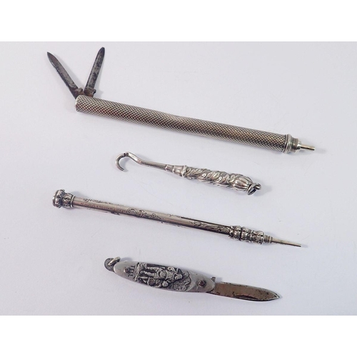 291 - A white metal pencil with two folding blades, another white metal pencil, penknife etc.