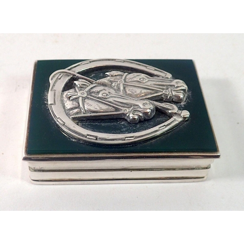 357 - A silver and stone set box decorated with race horses and horseshoe, 5.7 x 4.2 x 1.5cm