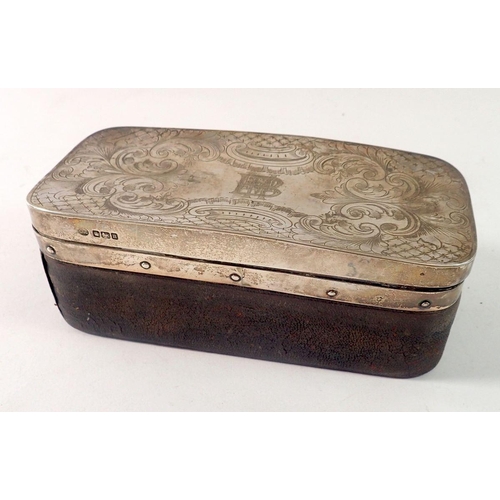 383 - A silver mounted leather toiletry box with engraved scrollwork decoration, Sheffield 1905, 16 x 7cm ... 