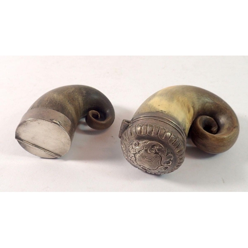 384 - Two white metal mounted horn snuff mulls, largest 8cm tall