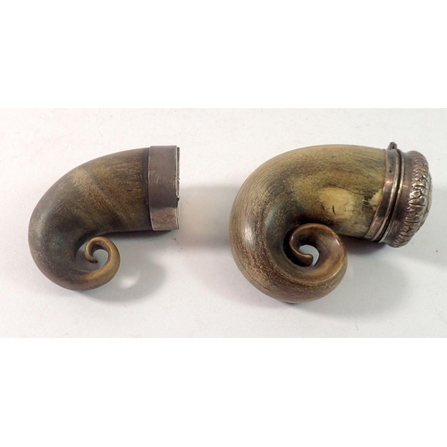 384 - Two white metal mounted horn snuff mulls, largest 8cm tall