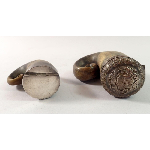 384 - Two white metal mounted horn snuff mulls, largest 8cm tall