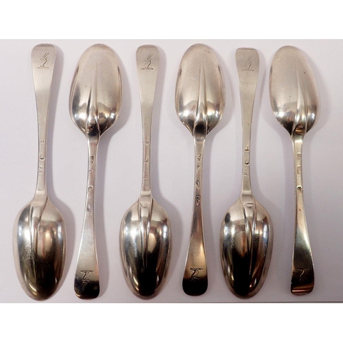 386 - A set of six Britannia silver rat tail tablespoons by Nathaniel Roe, London 1710-1717, 366g